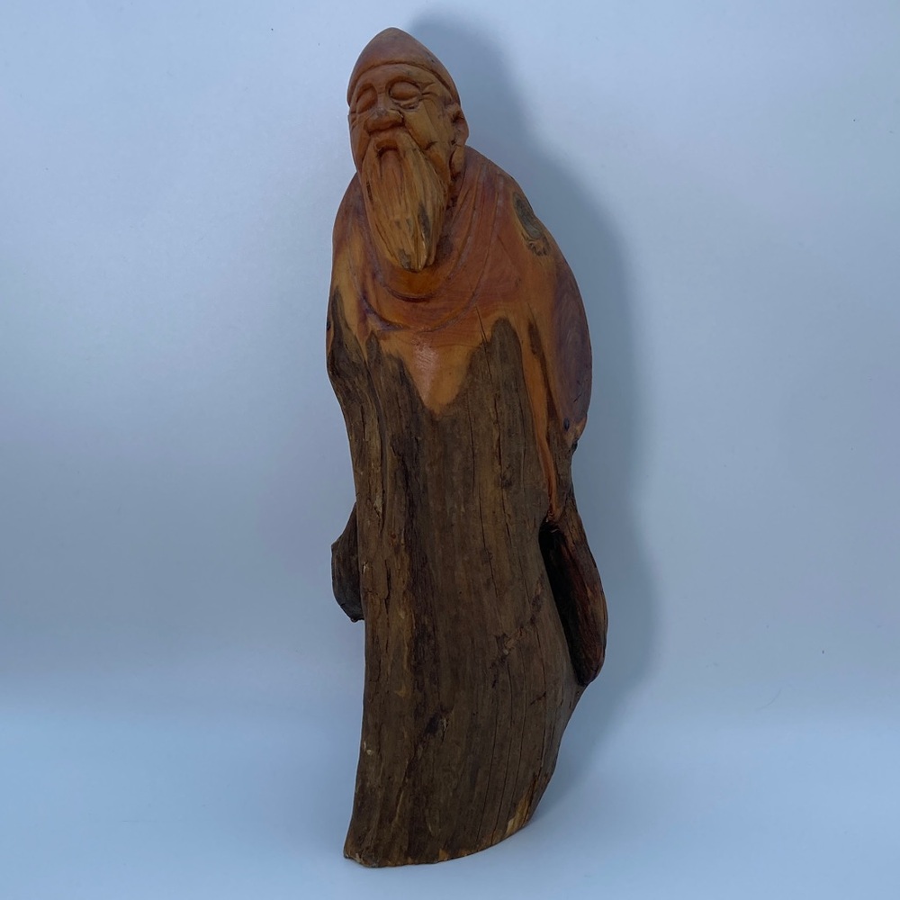 Hand Carved Wooden Fukurokuju Figurine Asian God of Luck Wisdom